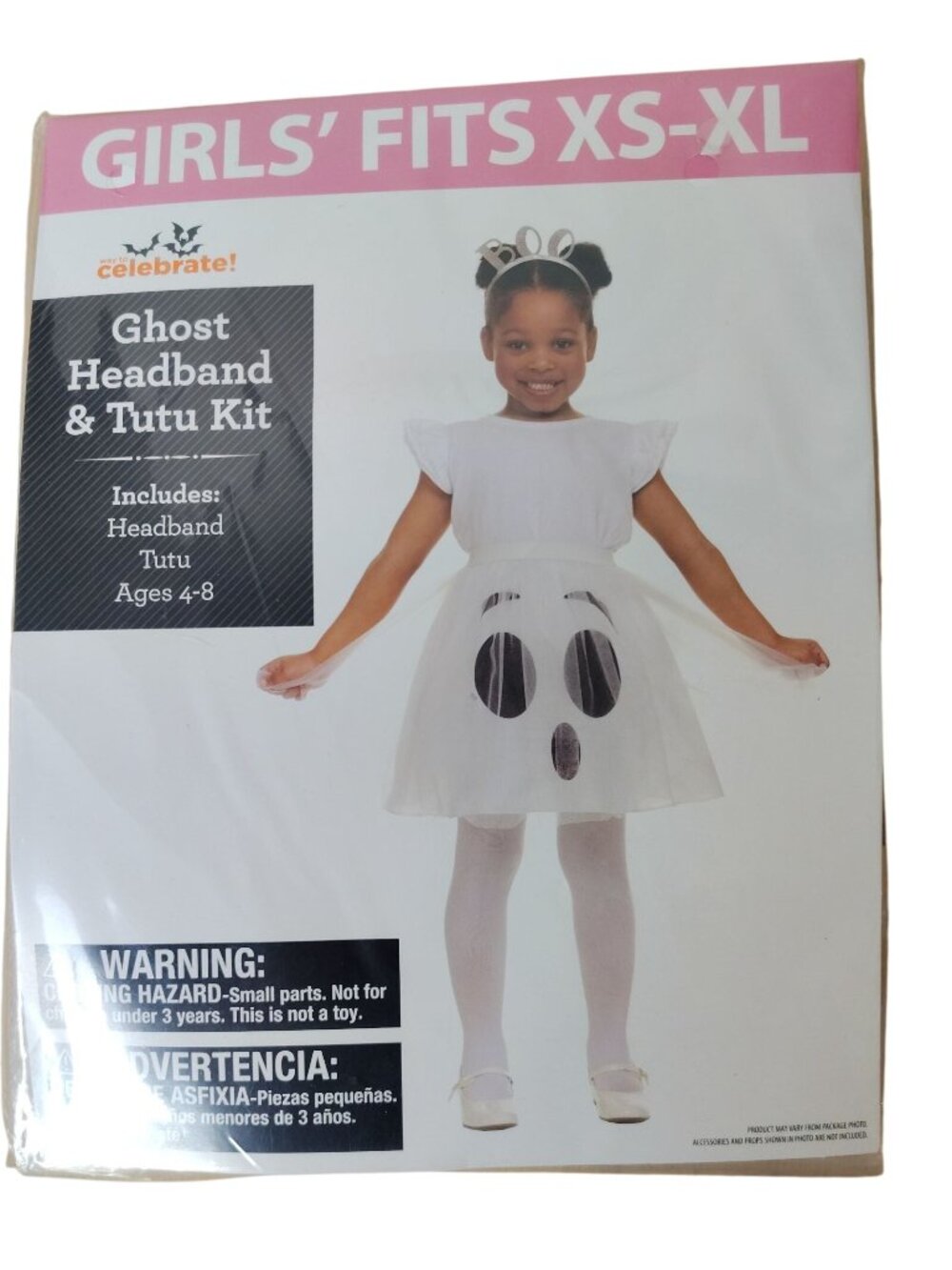 Way to Celebrate Girls Ghost Costume Kit White Headband Tutu Set Ages 4-8 XS-XL